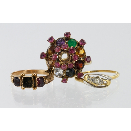 358 - Three yellow metal rings, stones include diamond, ruby, tigers eye, zircon, amethyst, garnet, finger... 