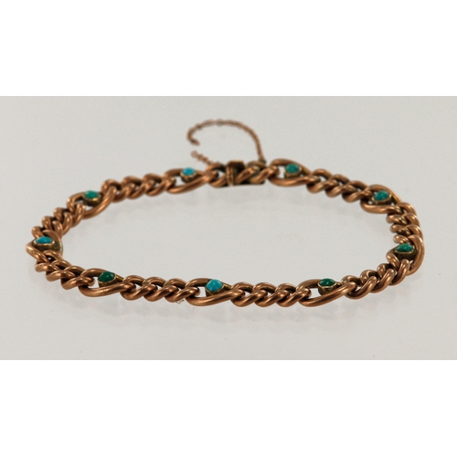 359 - Rose gold (tests 9ct) antique turquoise curb bracelet, nine turquoise cabochons measuring approx. 3m... 