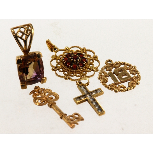 368 - Five 9ct gold/tests 9ct pendants/charms, stones include ametrine, CZ, paste, total weight 14.3g.