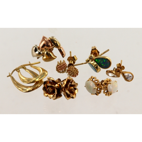 369 - Seven pairs of 9ct gold/tests 9ct earrings, stones include diamond, black opal doublet, opal, crysta... 