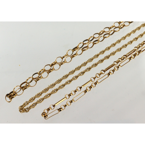 380 - Three 9ct yellow gold chains, to include a 22.5