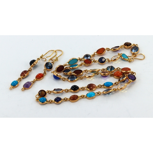 385 - Yellow gold (tests 18ct) multi gemstone necklace and earring set, stones include turquoise, coral, a... 