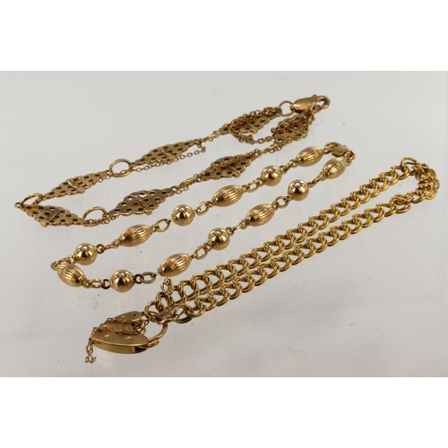 387 - Three 9ct yellow gold bracelets, lengths 7.5