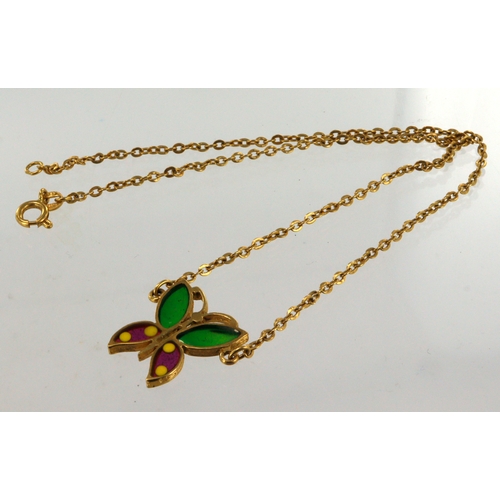 390 - Yellow gold (tests 18ct) butterfly necklace, enamelled detailed wings, pendant measures 17mm x 15mm,... 