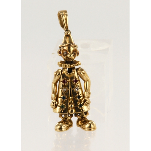 392 - 9ct yellow gold articulated clown pendant, set with CZs, length 45mm, weight 7.6g.