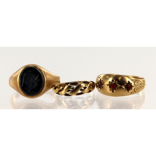 396 - Three 9ct gold/tests 9ct rings, stones include garnet, hematite, finger sizes I/J, N/O, P/Q, total w... 