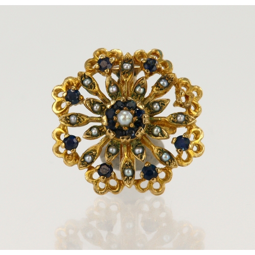 399 - 9ct yellow gold sapphire and pearl pendant clip, set with two clusters of sapphires (one missing) an... 