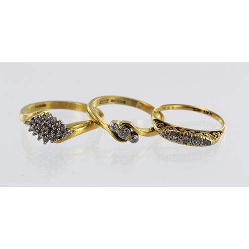 401 - Three 18ct yellow gold/tests 18ct diamond set rings, finger sizes  N, O/P, Q/R, total weight 10g.