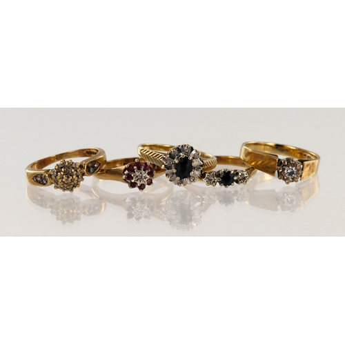 402 - Five 9ct yellow gold dress rings, stones include diamond, ruby, sapphire, finger sizes L, L/M, M/N, ... 