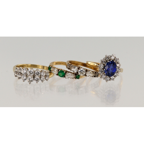 410 - Four 14ct yellow gold rings, stones include synthetic sapphire, CZ, finger sizes Mx3, R, total weigh... 