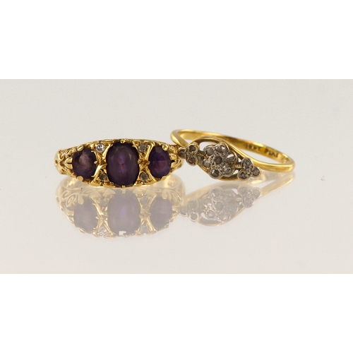 505 - Two 18ct gold/tests 18ct vintage rings, stones inlcude diamond and amethyst, both with damage, finge... 