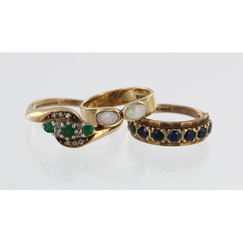 570 - Three 9ct gold dress rings, stones include diamonds, sapphire, emerald and opal, finger sizes G/H, I... 