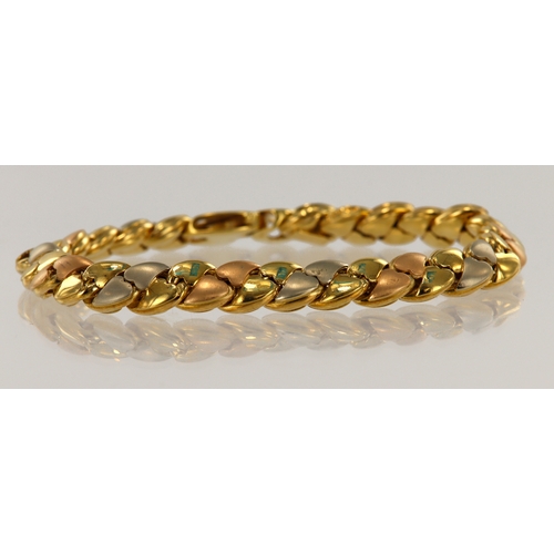 571 - 18ct yellow gold tricolour bracelet, alternating coloured gold heart links, bracelet width 8mm, leng... 