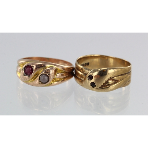 575 - Two 9ct yellow gold seperant rings, one Edwardian double serpant set with paste and split pearl, hal... 