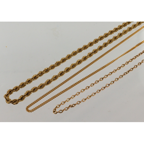 576 - Three 9ct gold/tests 9ct chains, to include a 19