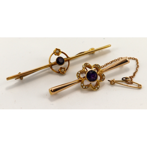 579 - Two yellow gold (tests 15ct) antique bar brooches, stones include amethyst and seed pearls, total we... 