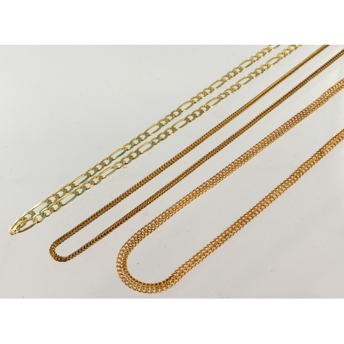 580 - Three 9ct yellow gold chains, double curb, foxtail, figaro all 18