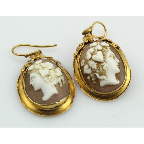 583 - Yellow gold (tests 18ct) Victorian carved cameo drop earrings, depicting a female bacchante, bezel s... 