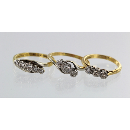 587 - Three yellow gold (tests 18ct) vintage diamond rings, finger sizes I, M/N, N/O, all with platinum se... 