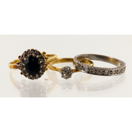 Three 18ct gold/tests 18ct rings, stones include diamond and sapphire