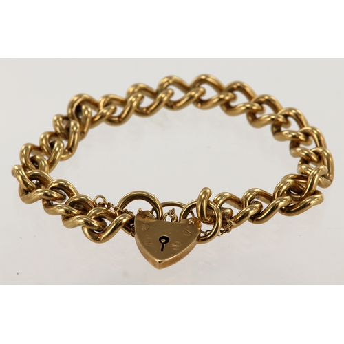 596 - 9ct yellow gold heart padlock bracelet, links width 8mm, length 7.5