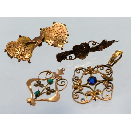 598 - Assortment of 9ct gold/tests 9ct vintage jewellery, two sweetheart brooches and two lavalier pendant... 