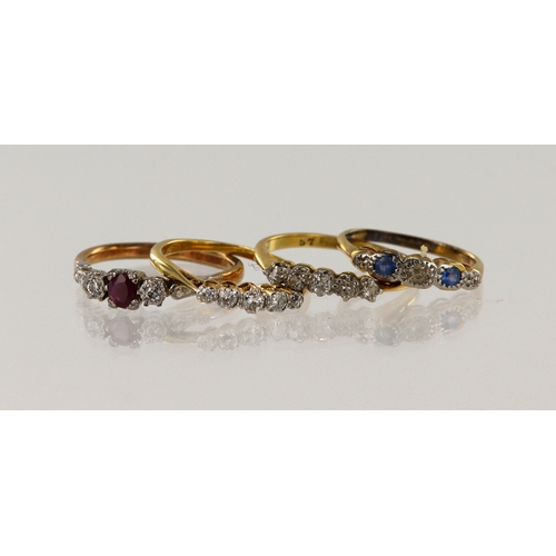 617 - Four yellow gold (tests 18ct) dress rings, stones include diamond, ruby, sapphire, finger sizes J/K,... 