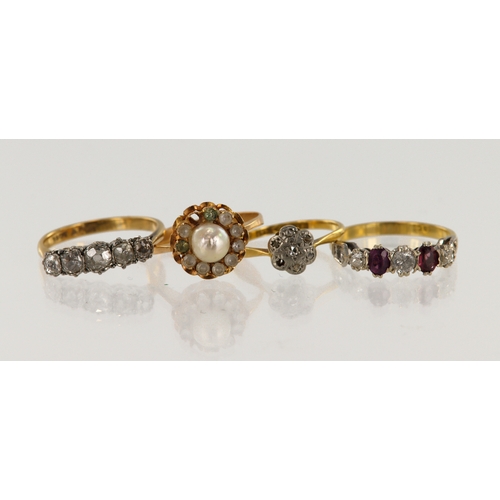 619 - Four 18ct gold/tests 18ct rings, stones include diamond, ruby, cultured pearl, paste, finger sizes L... 