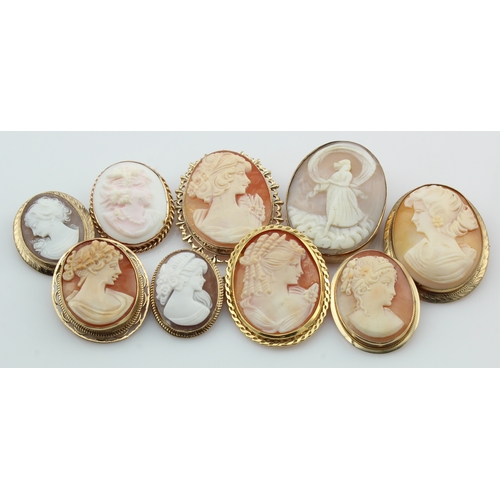 620 - Nine 9ct gold/tests 9ct cameo brooches, total weight 64.2g.