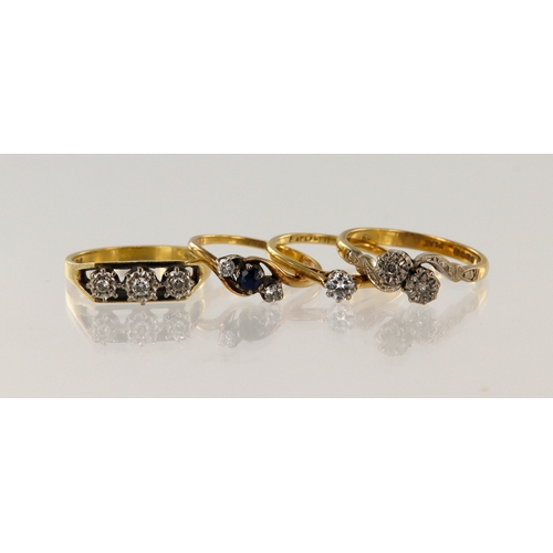 621 - Four 18ct gold/tests 18ct rings, stones include diamond and sapphire, finger sizes L/M, N/O, O, Q, t... 