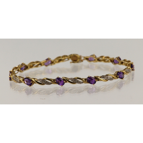 624 - 9ct yellow gold diamond and amethyst bracelet, ten oval amethysts measuring approx. 6mm x 4mm, white... 