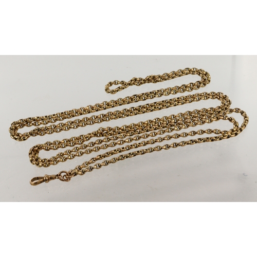 625 - Yellow gold (tests 9ct) vintage muff chain, one dog clip stamped '9ct R&P', total length approx. 58