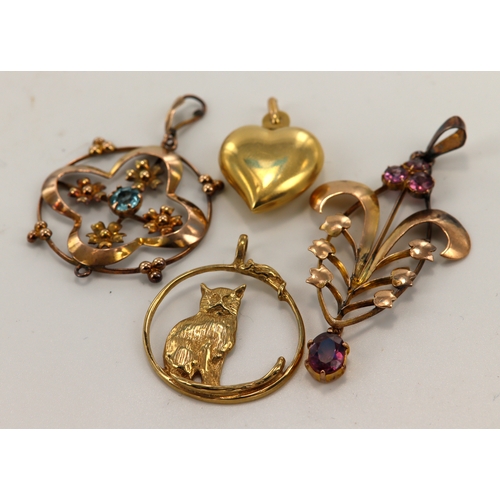 638 - Four 9ct gold/tests 9ct pendants, stones include rhodolite garnet and paste, total weight 6.4g.