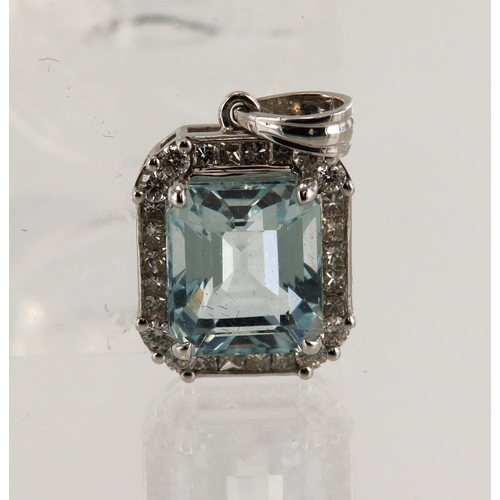 639 - White gold (tests 18ct) diamond and aquamarine cluster pendant, one step cut aquamarine measures 8mm... 