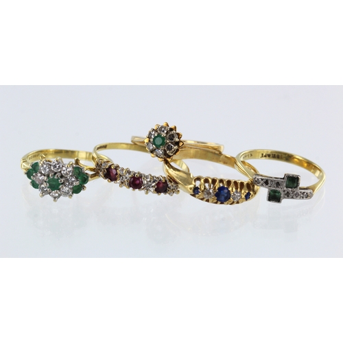 640 - Five 18ct gold/tests 18ct dress rings, stones include diamond, ruby, emerald, synthetic sapphire, fi... 