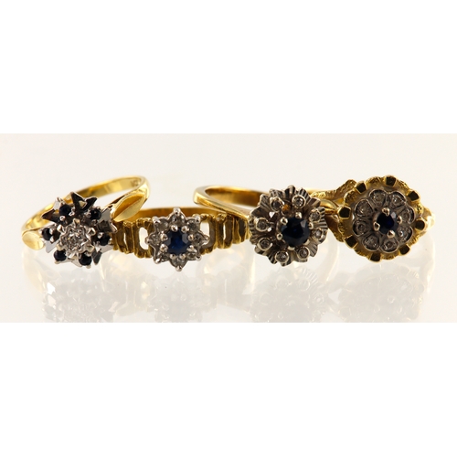 649 - Four 18ct gold/tests 18ct diamond and sapphire cluster rings, finger sizes include J, K/L, M, N, tot... 