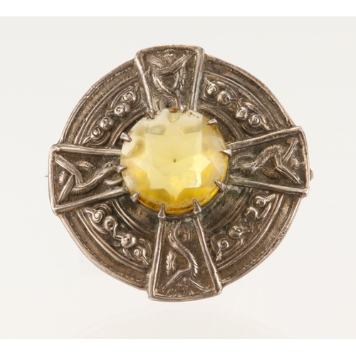 652 - Silver Robert Allison Celtic brooch, brooch diameter 60mm, set with yellow paste stone, hallmarked '... 