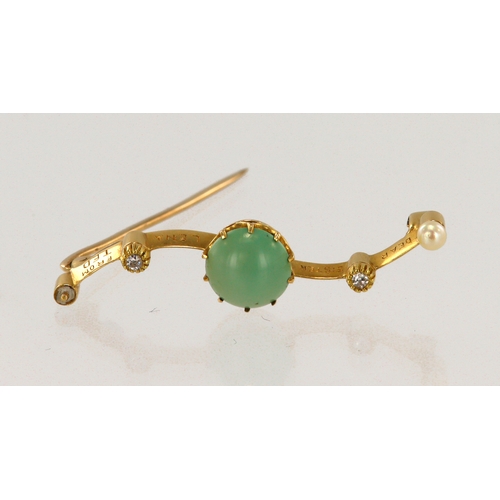 653 - Yellow gold (tests 18ct) antique diamond, turquoise and pearl brooch, one turquoise cabachon measuri... 