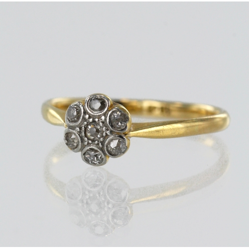 67 - Yellow gold (tests 18ct) vintage diamond daisy cluster, seven single cut diamonds, TDW approx. 0.10c... 