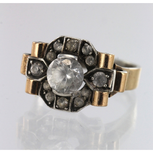 68 - Yellow gold (tests 18ct) CZ dress ring, head width 13mm, finger size O, weight 5.6g.