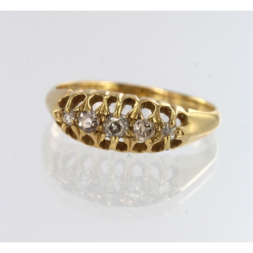 71 - Yellow gold (tests 18ct) antique diamond ring, five graduating diamonds, TDW approx. 0.20ct, scallop... 