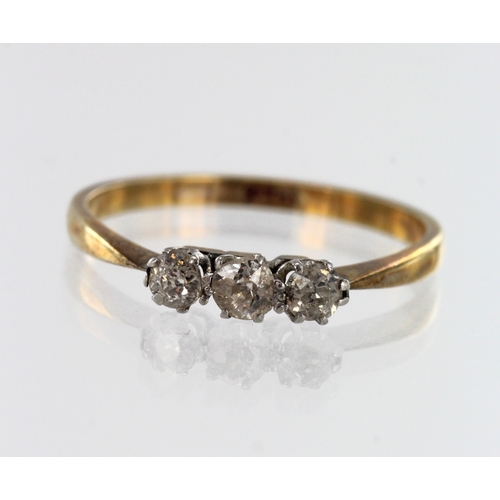 74 - Yellow gold (tests 9ct) diamond trilogy ring, three graduating old cut diamonds, TDW approx. 0.35ct,... 