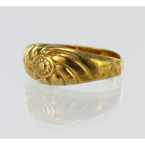 80 - Yellow gold (tests 18ct) ring, head width 7mm, finger size J-K, weight 1.4g.