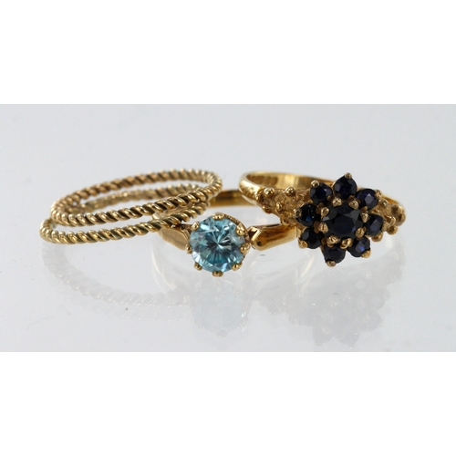 82 - Four 9ct yellow gold rings, stones include sapphire, zircon, finger sizes Nx2, N/O, L/M, total weigh... 