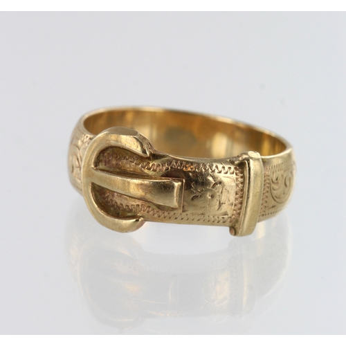 88 - 9ct yellow gold buckle ring, head width 9.5mm, finger size P/Q, weight 4.7g.