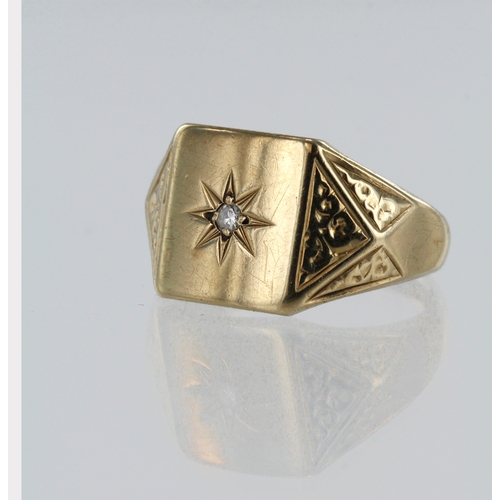 95 - 9ct yellow gold signet ring, square table measures 12mm, star set diamond, finger size R/S, weight 5... 