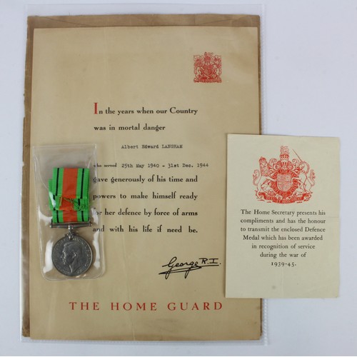 962 - WW2 Home Guard Certificate of Service with Defence medal to Albert Edward Langham, lived Bromley, Ke... 