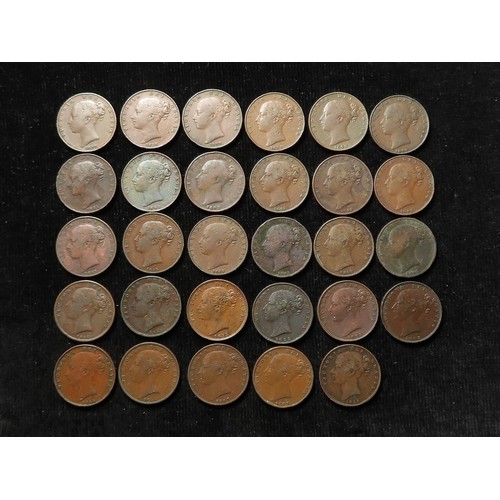 517 - GB Farthings (29) Victorian young head copper, 1838-1858, Fair to VF; noted 2x 1849 Fair and Fine.