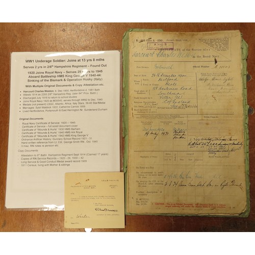 594 - Royal Naval set of service documents to Charles Weston Harcourt served from 1920 to 1945 served in W... 