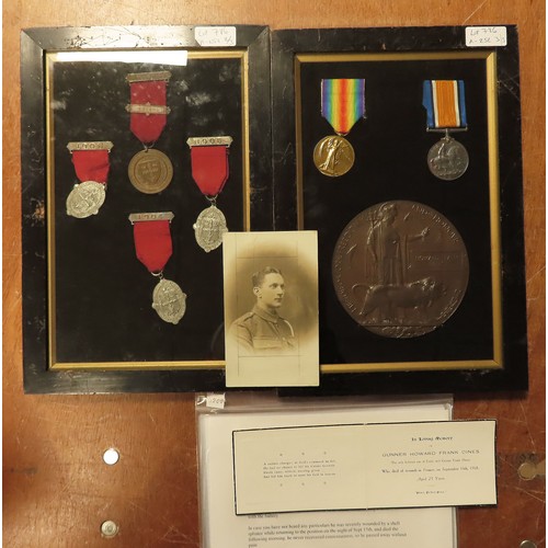 786 - BWM & Victory medals with memorial plaque in frame to 177593 Gnr Howard F Dines 109th Siege Bty RGA,... 